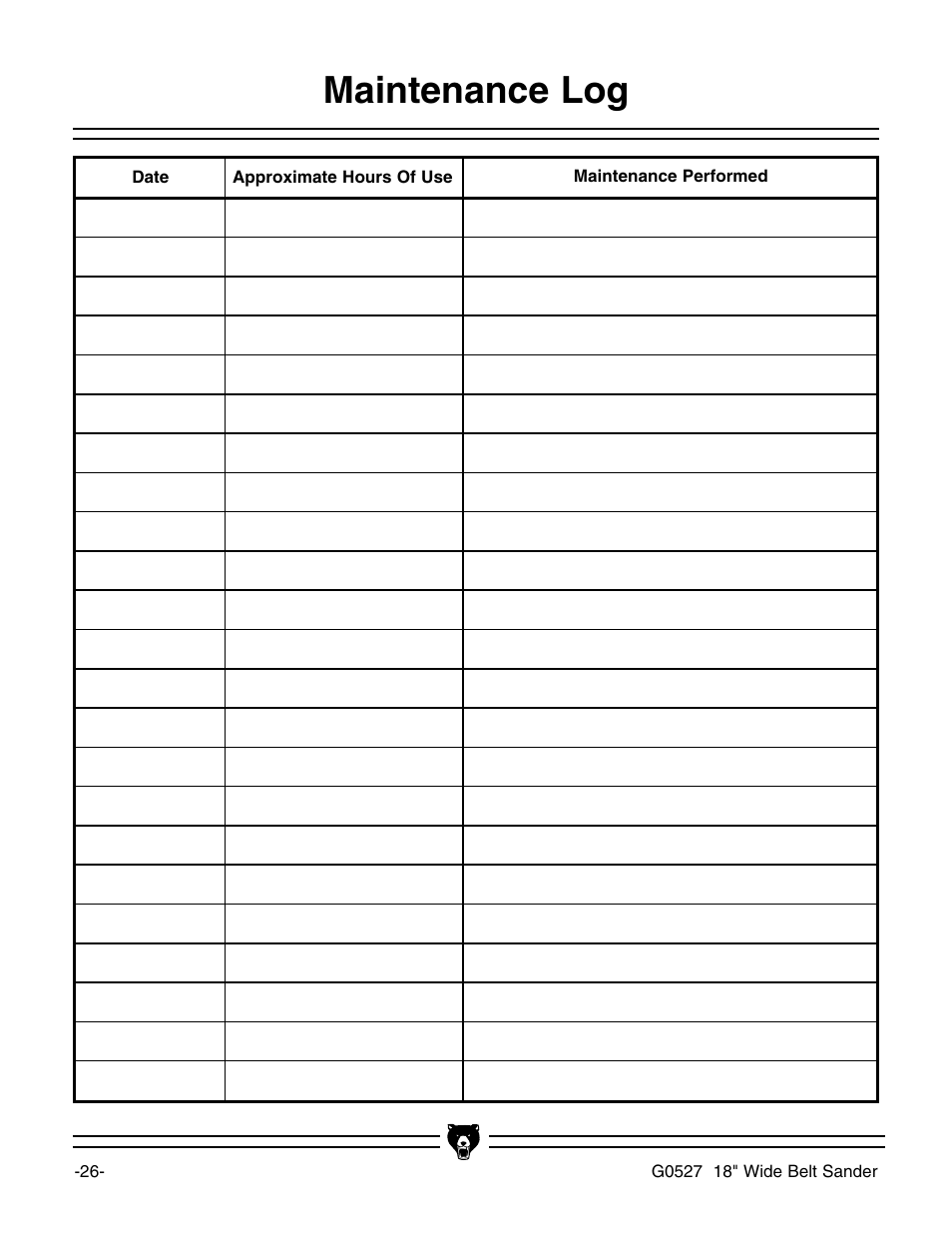 Maintenance log | Grizzly G0527 User Manual | Page 28 / 64