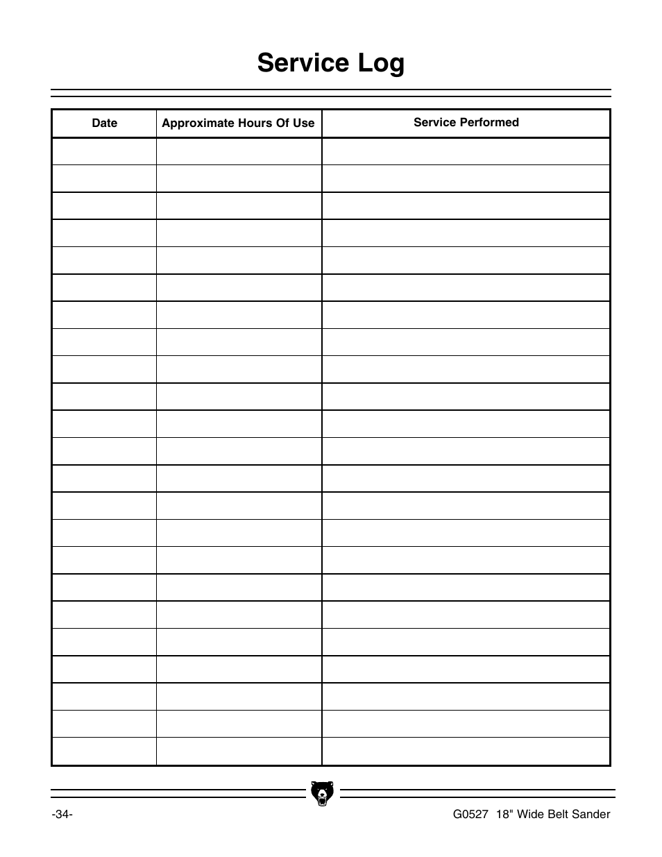 Service log | Grizzly G0527 User Manual | Page 36 / 64