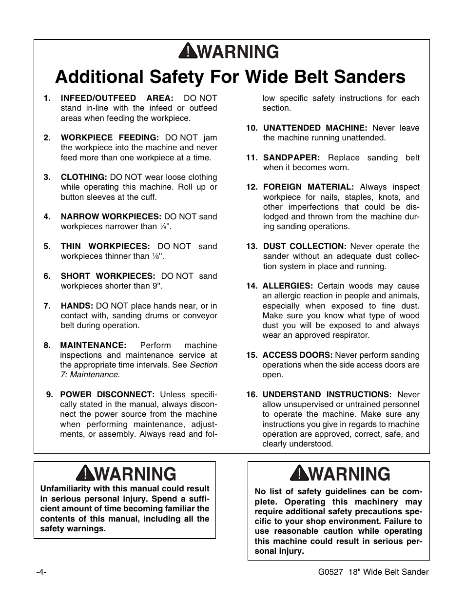 Additional safety for wide belt sanders | Grizzly G0527 User Manual | Page 6 / 64