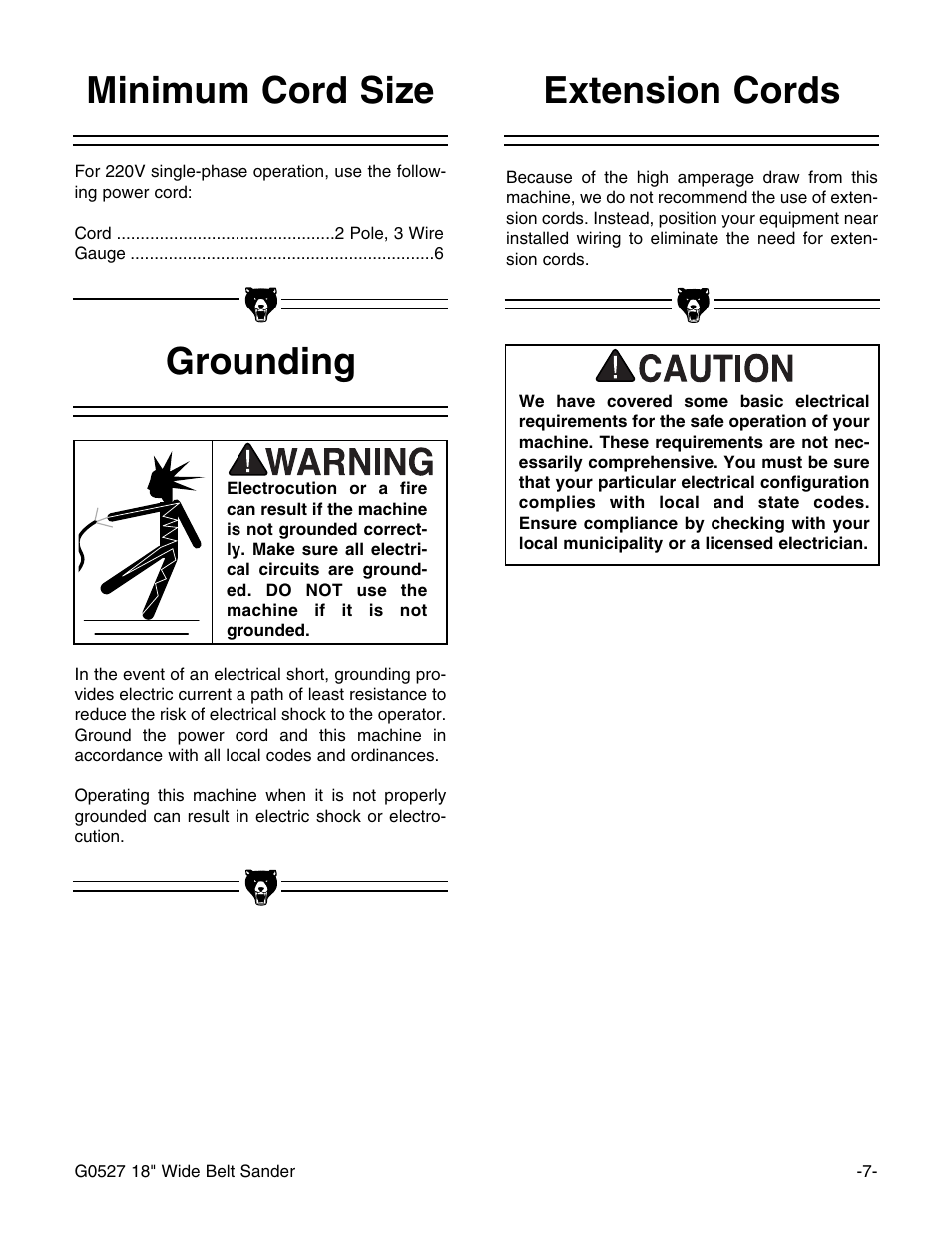 Extension cords grounding minimum cord size | Grizzly G0527 User Manual | Page 9 / 64