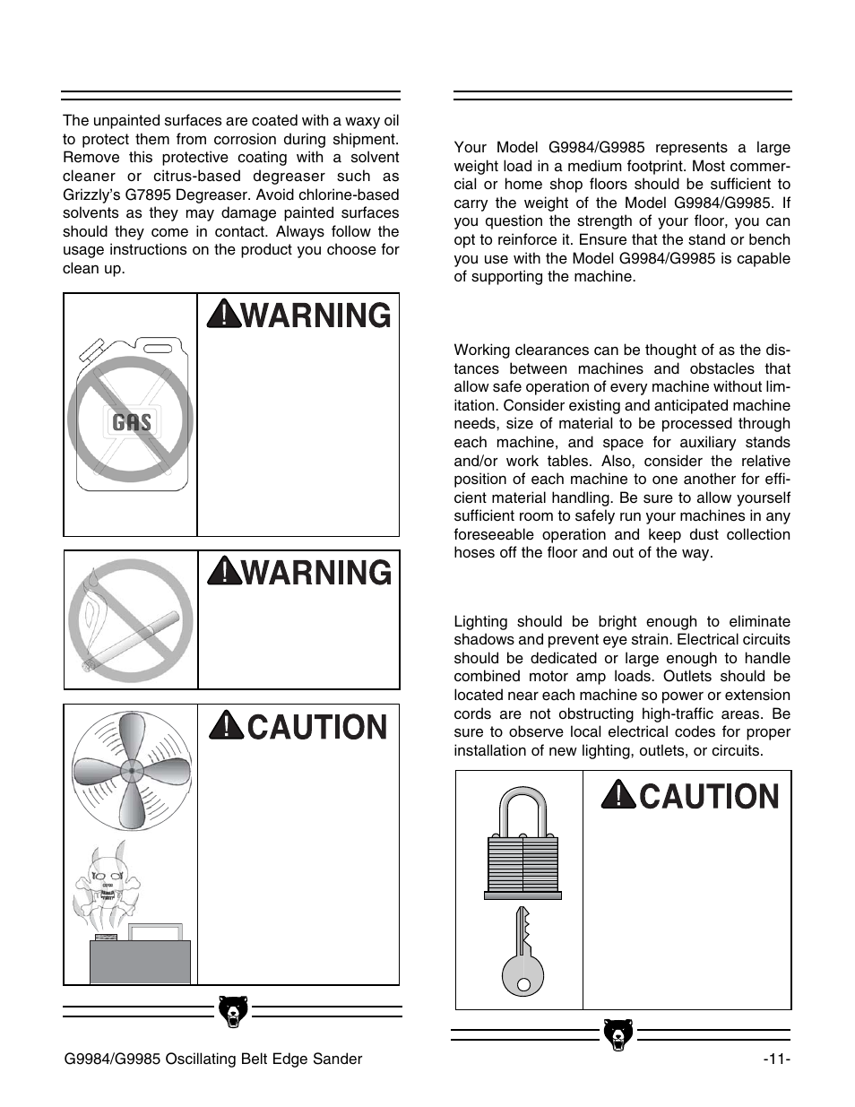 Clean up, Site considerations | Grizzly G9984/G9985 User Manual | Page 13 / 44