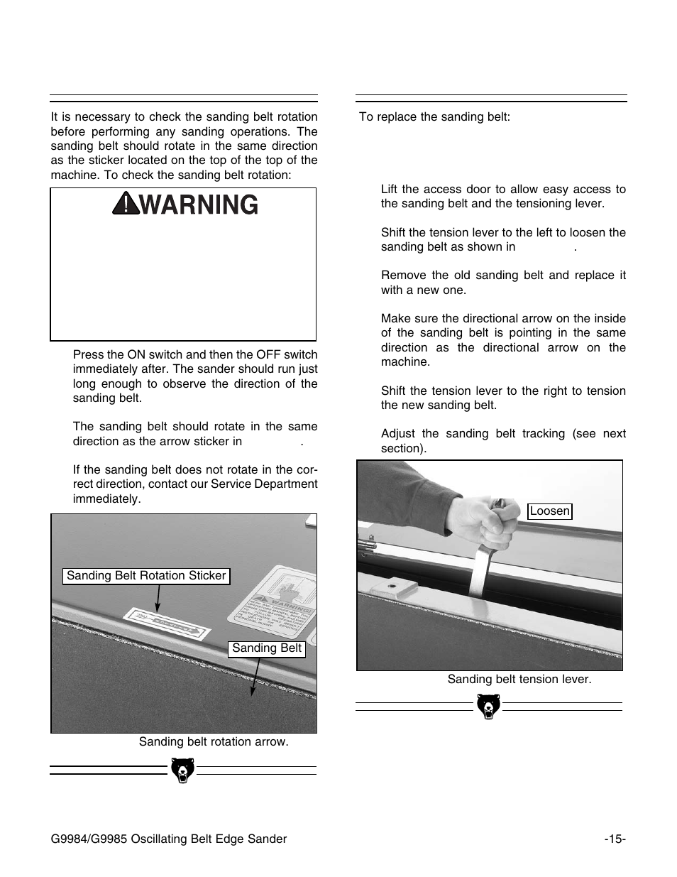 Sanding belt replacement, Sanding belt rotation | Grizzly G9984/G9985 User Manual | Page 17 / 44