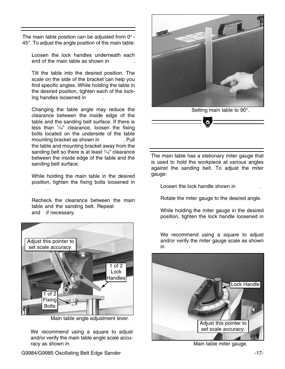 Miter gauge, Main table angle | Grizzly G9984/G9985 User Manual | Page 19 / 44