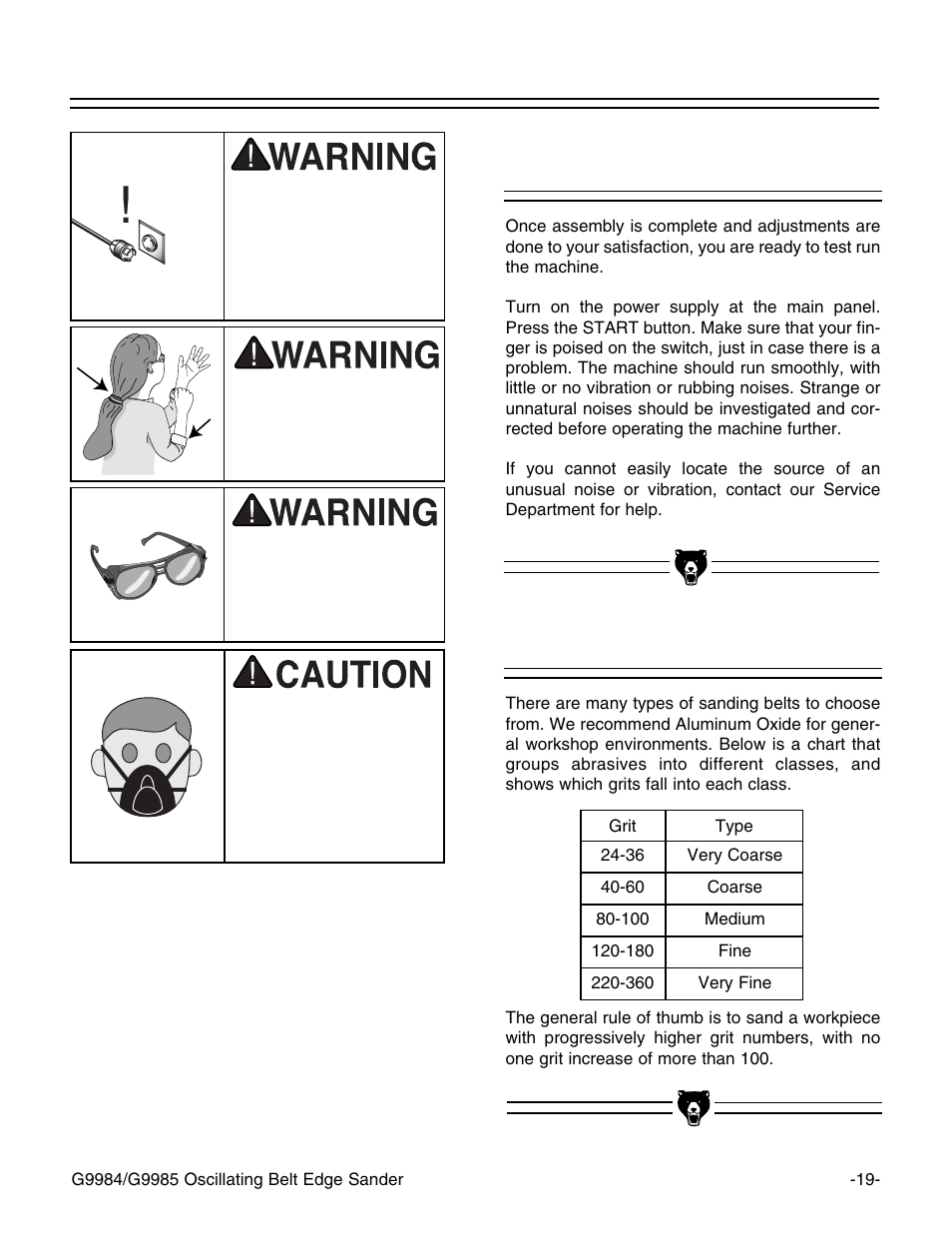 Test run, Sanding belts | Grizzly G9984/G9985 User Manual | Page 21 / 44