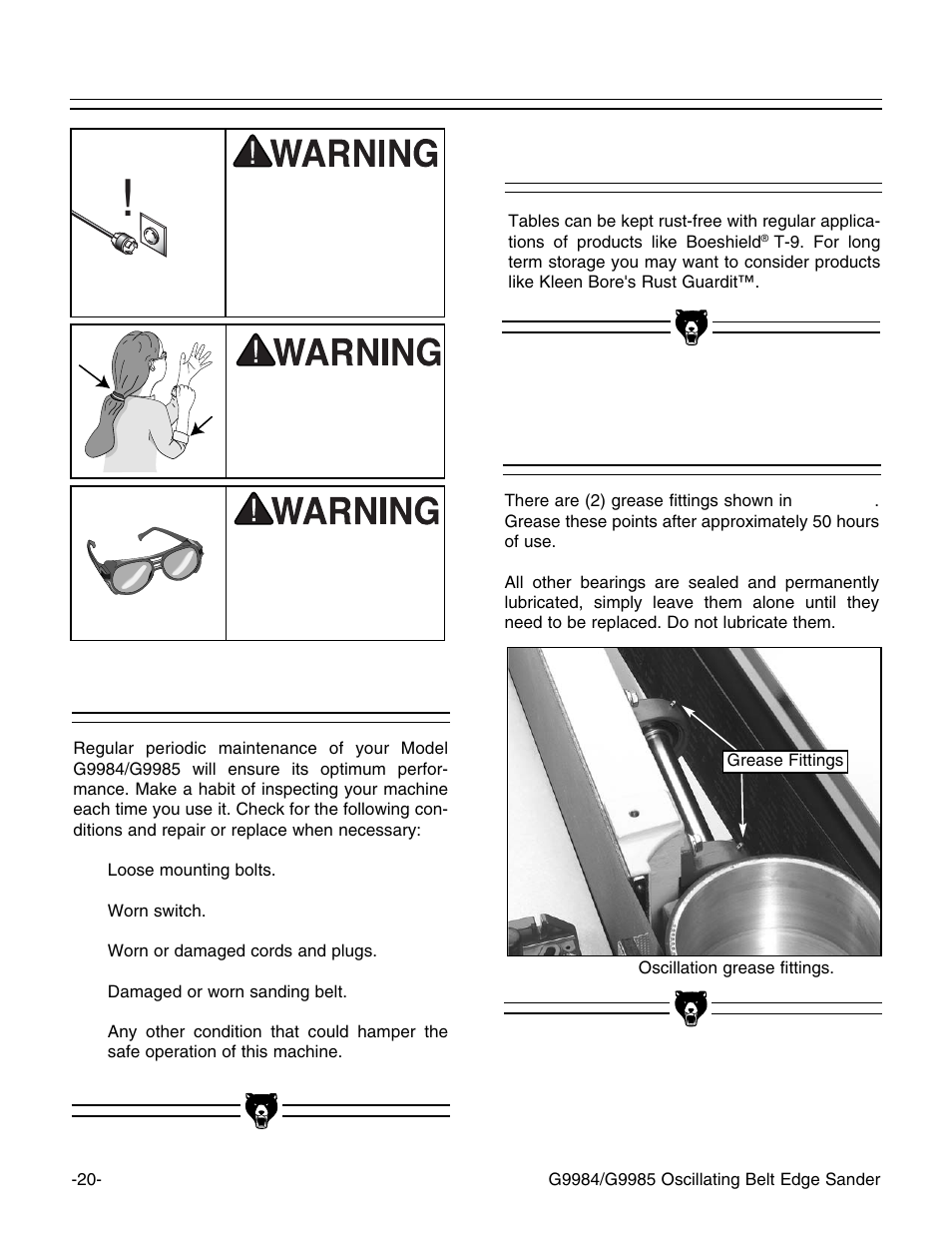 Lubrication, General tables | Grizzly G9984/G9985 User Manual | Page 22 / 44