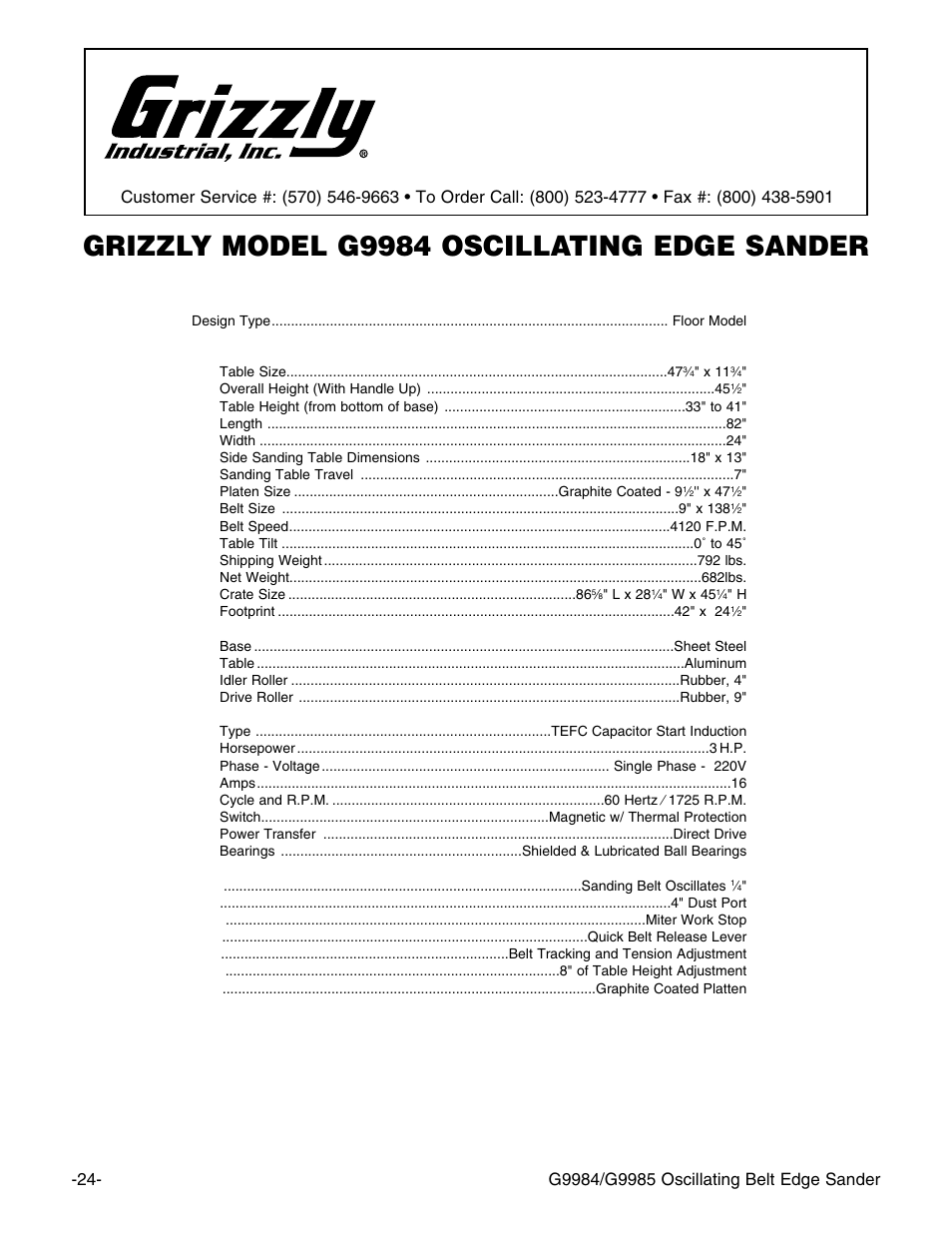 Machine data sheet, Grizzly model g9984 oscillating edge sander | Grizzly G9984/G9985 User Manual | Page 26 / 44
