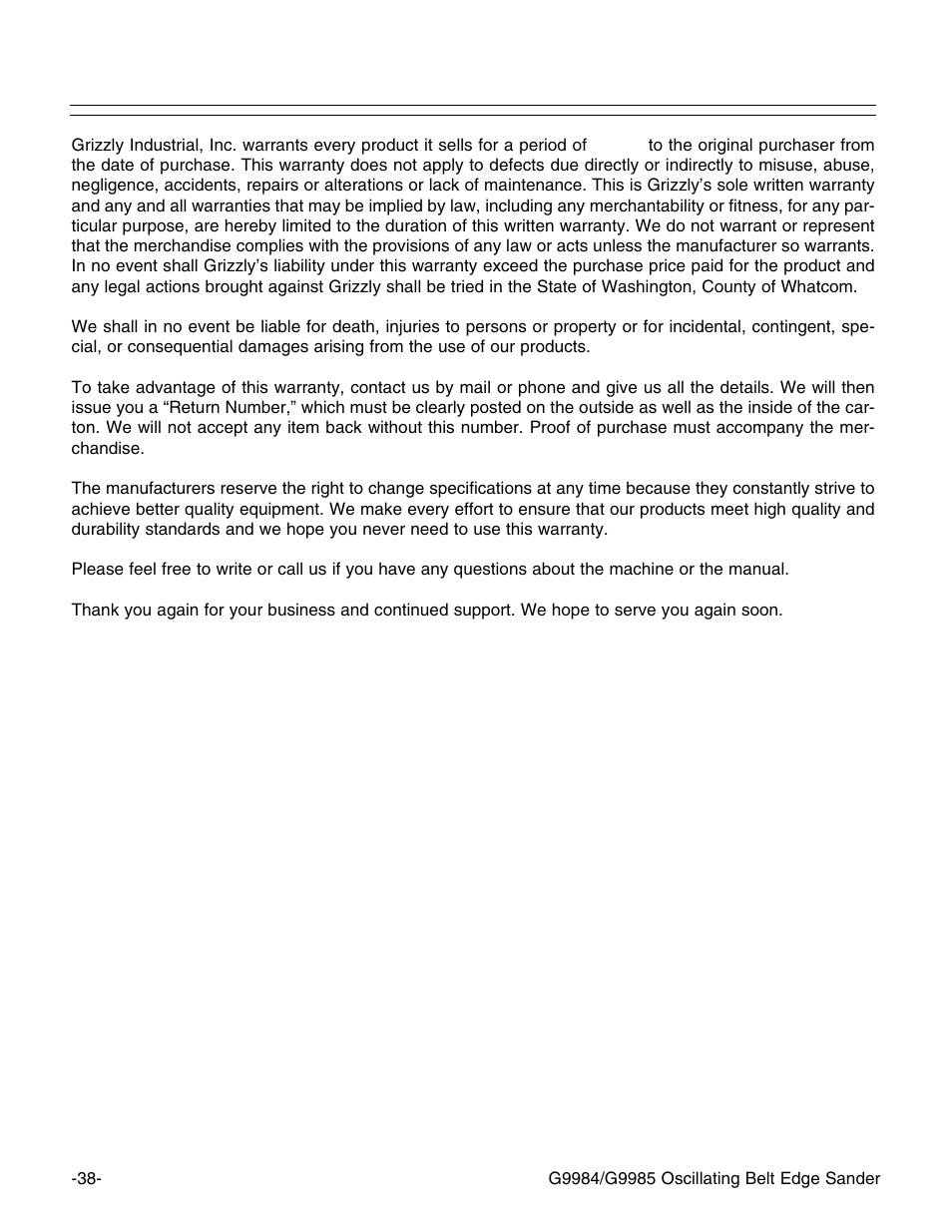 Warranty and returns | Grizzly G9984/G9985 User Manual | Page 40 / 44
