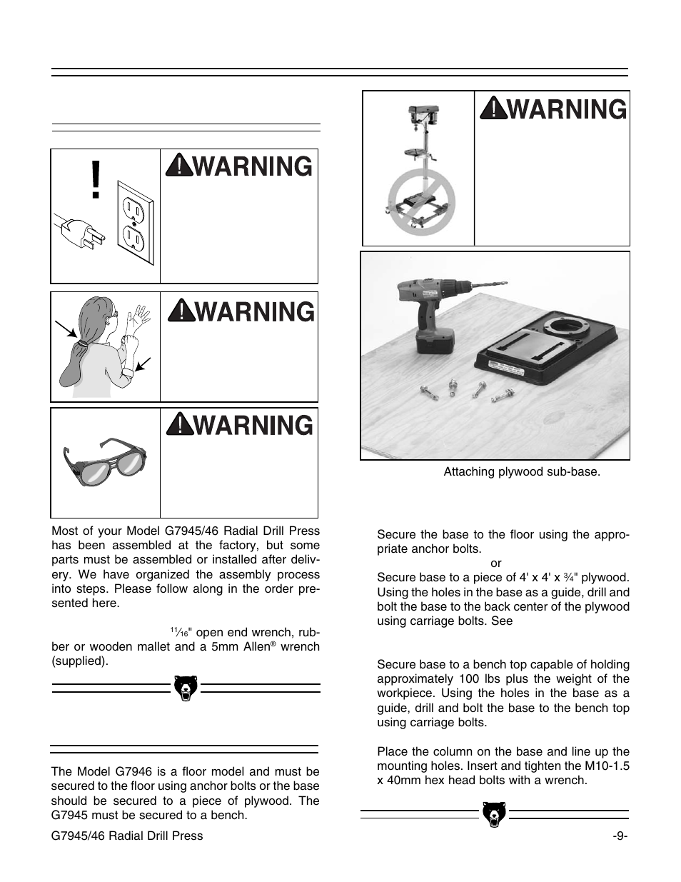 Beginning assembly, Column/base | Grizzly G7946 User Manual | Page 11 / 28