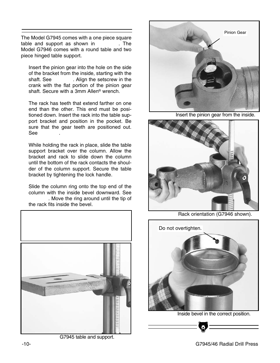 Table support, Notice | Grizzly G7946 User Manual | Page 12 / 28