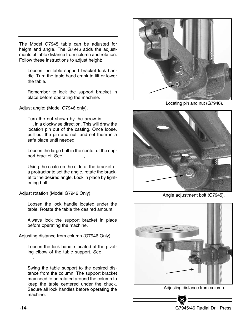 Table adjustments | Grizzly G7946 User Manual | Page 16 / 28