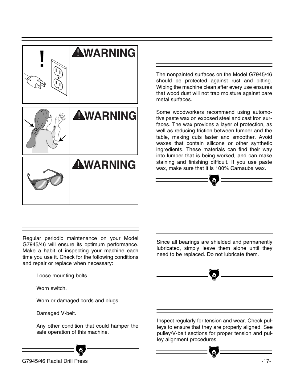 Lubrication v-belt, General tables | Grizzly G7946 User Manual | Page 19 / 28
