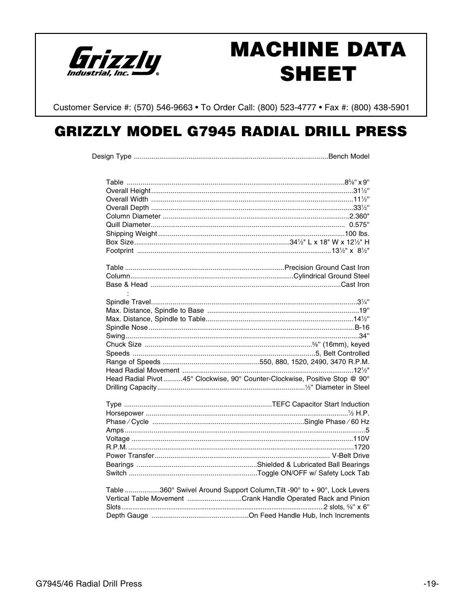 Machine data sheet, Grizzly model g7945 radial drill press | Grizzly G7946 User Manual | Page 21 / 28