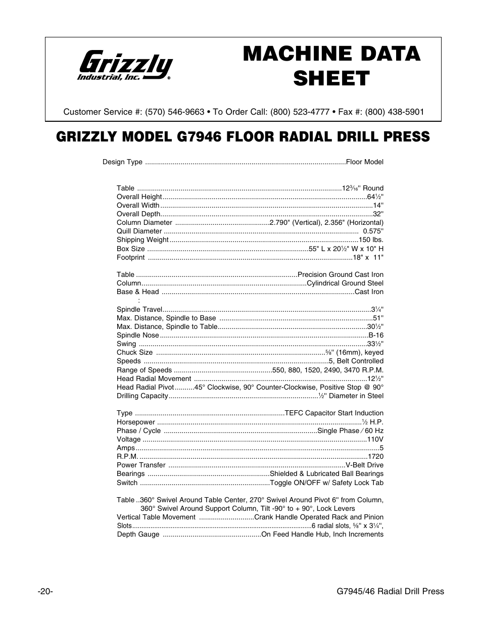 Machine data sheet, Grizzly model g7946 floor radial drill press | Grizzly G7946 User Manual | Page 22 / 28