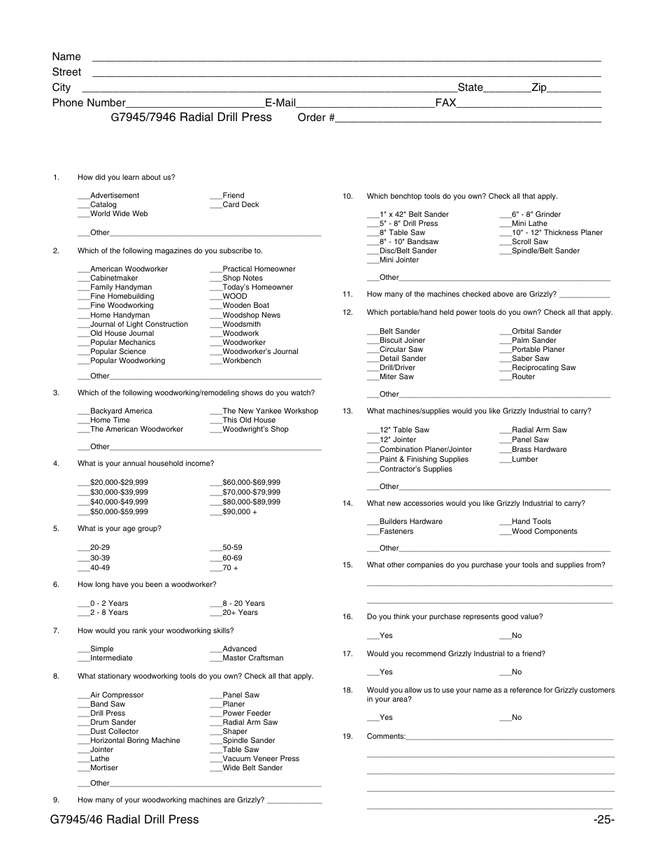 Warranty card, Order | Grizzly G7946 User Manual | Page 27 / 28