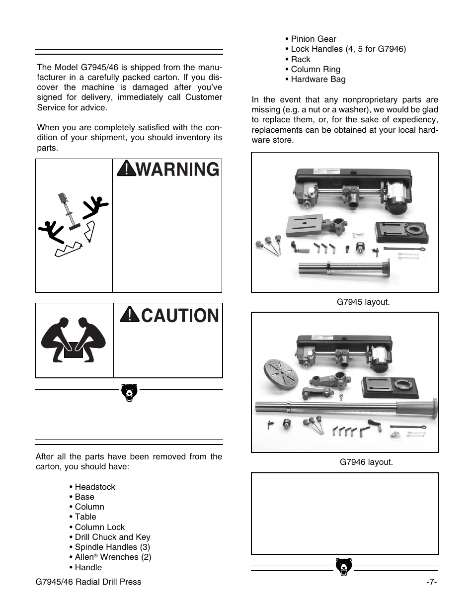 Unpacking, Piece inventory, Notice | Grizzly G7946 User Manual | Page 9 / 28