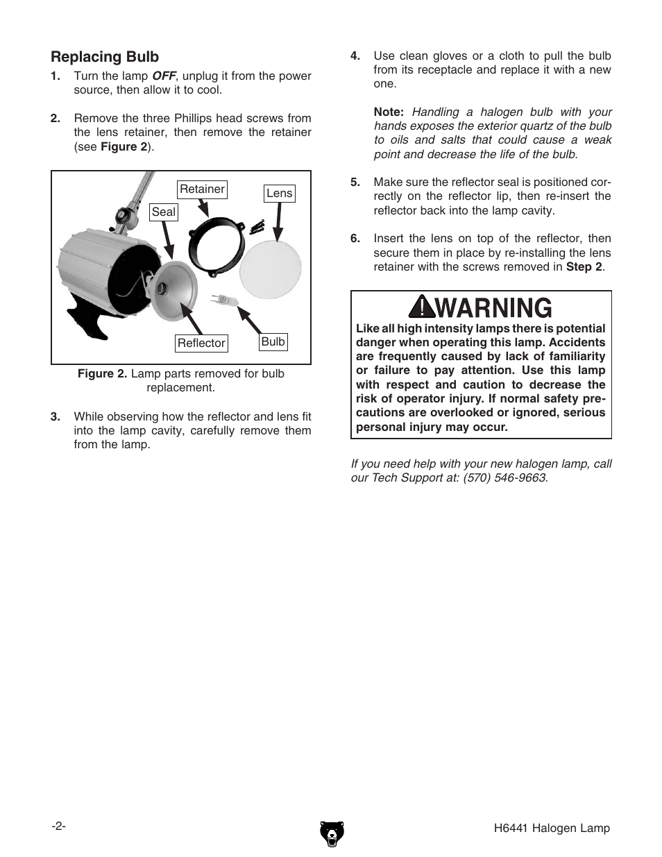 Replacing bulb | Grizzly HALOGEN LAMP H6441 User Manual | Page 2 / 2