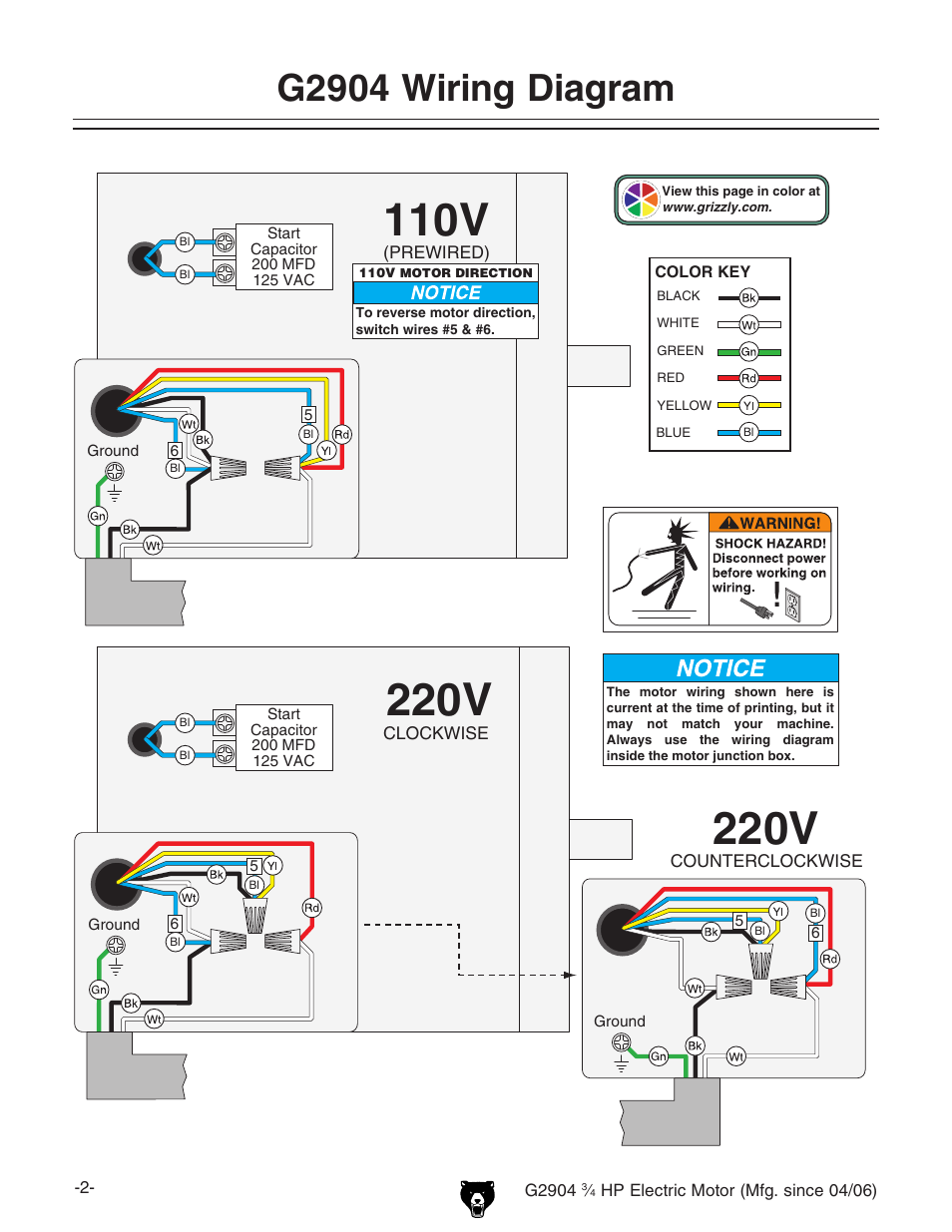 110v, 220v, G2904 wiring diagram | Grizzly 3/4 Hp electric motor G2904 User Manual | Page 2 / 2
