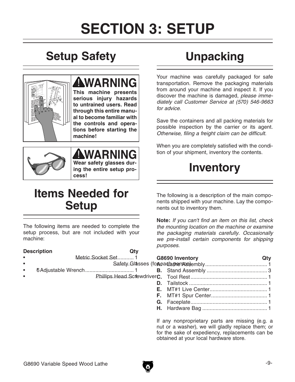 Setup safety, Items needed for setup, Unpacking inventory | Grizzly Variable Speed Wood G8690 User Manual | Page 11 / 28