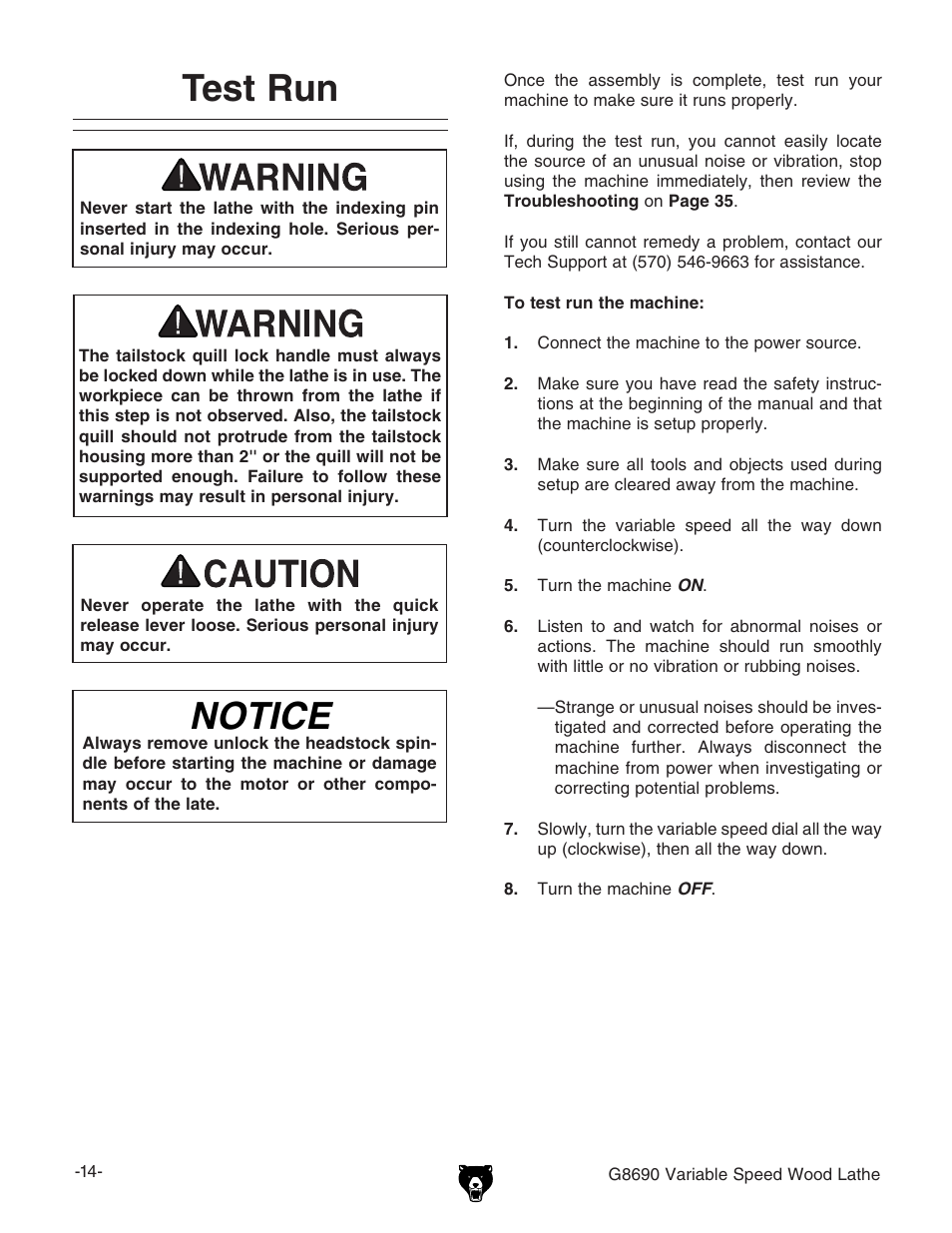 Test run, Notice | Grizzly Variable Speed Wood G8690 User Manual | Page 16 / 28