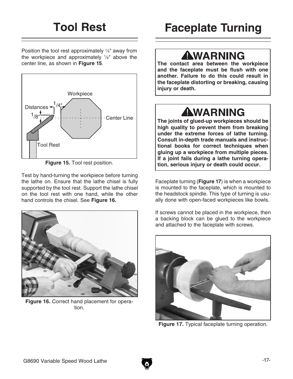 Tool rest, Faceplate turning | Grizzly Variable Speed Wood G8690 User Manual | Page 19 / 28