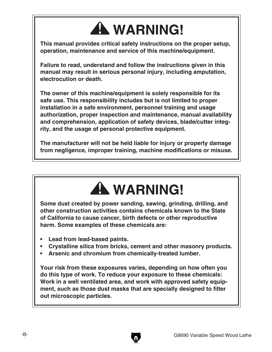 Grizzly Variable Speed Wood G8690 User Manual | Page 2 / 28