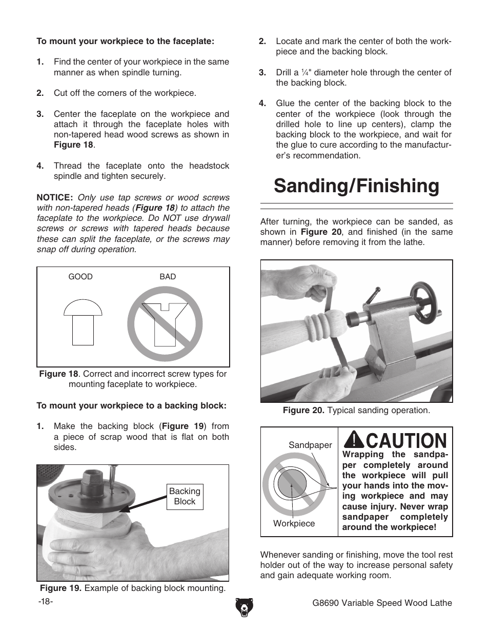 Sanding/finishing | Grizzly Variable Speed Wood G8690 User Manual | Page 20 / 28