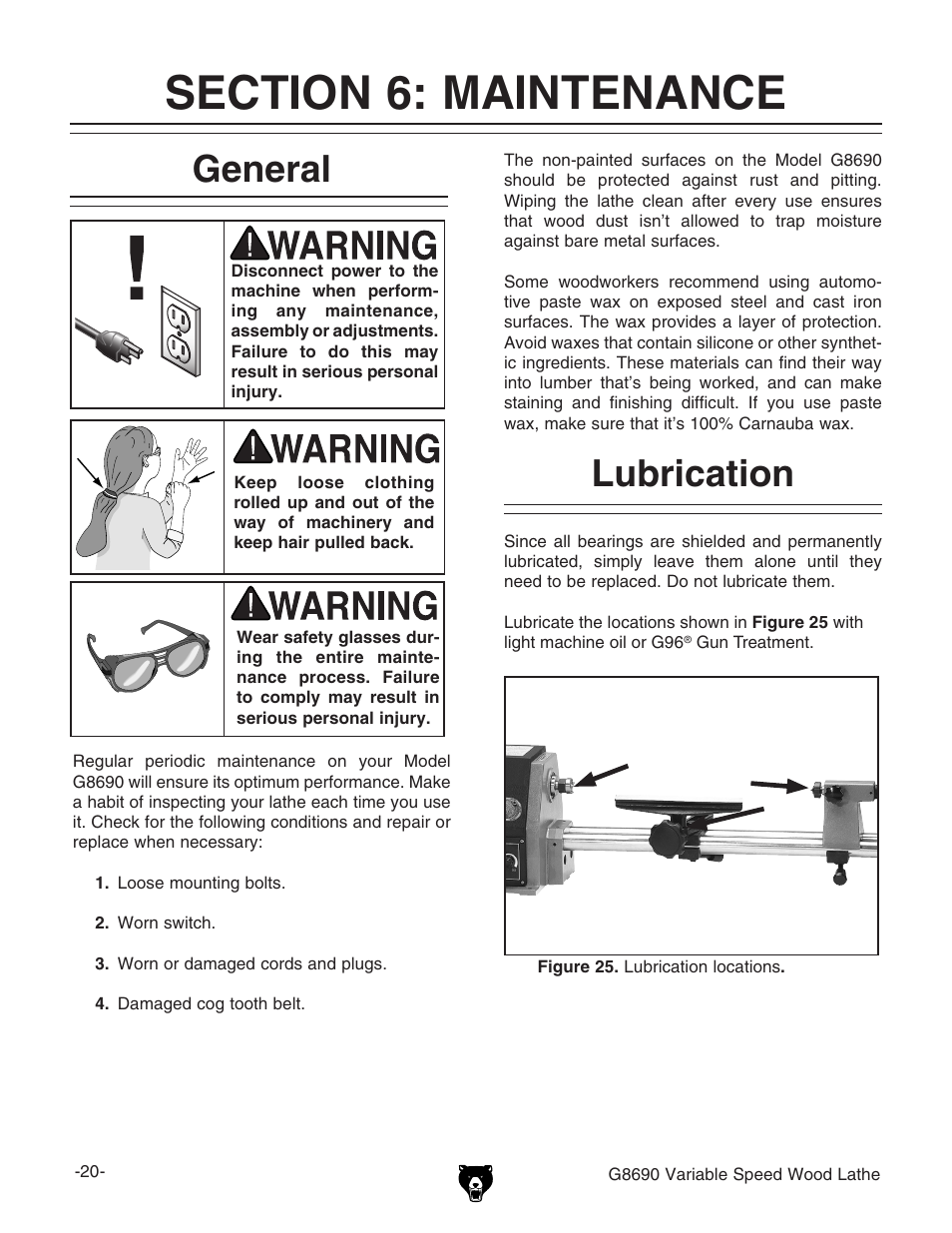 Lubrication, General | Grizzly Variable Speed Wood G8690 User Manual | Page 22 / 28