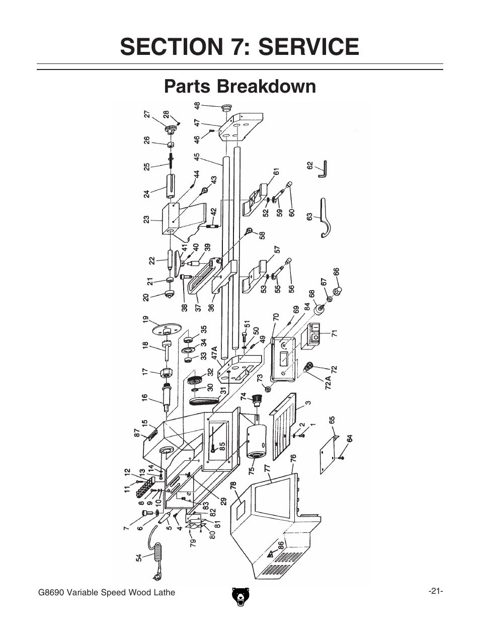Parts breakdown | Grizzly Variable Speed Wood G8690 User Manual | Page 23 / 28
