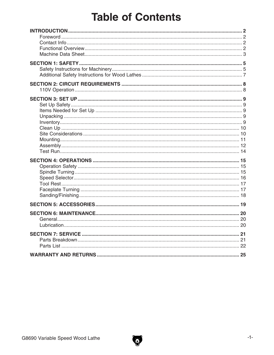 Grizzly Variable Speed Wood G8690 User Manual | Page 3 / 28