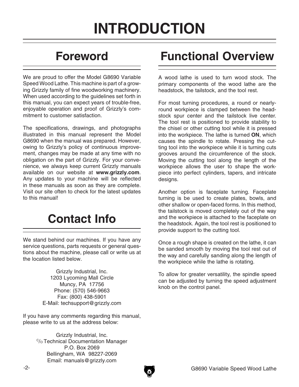 Introduction, Foreword, Contact info | Functional overview | Grizzly Variable Speed Wood G8690 User Manual | Page 4 / 28
