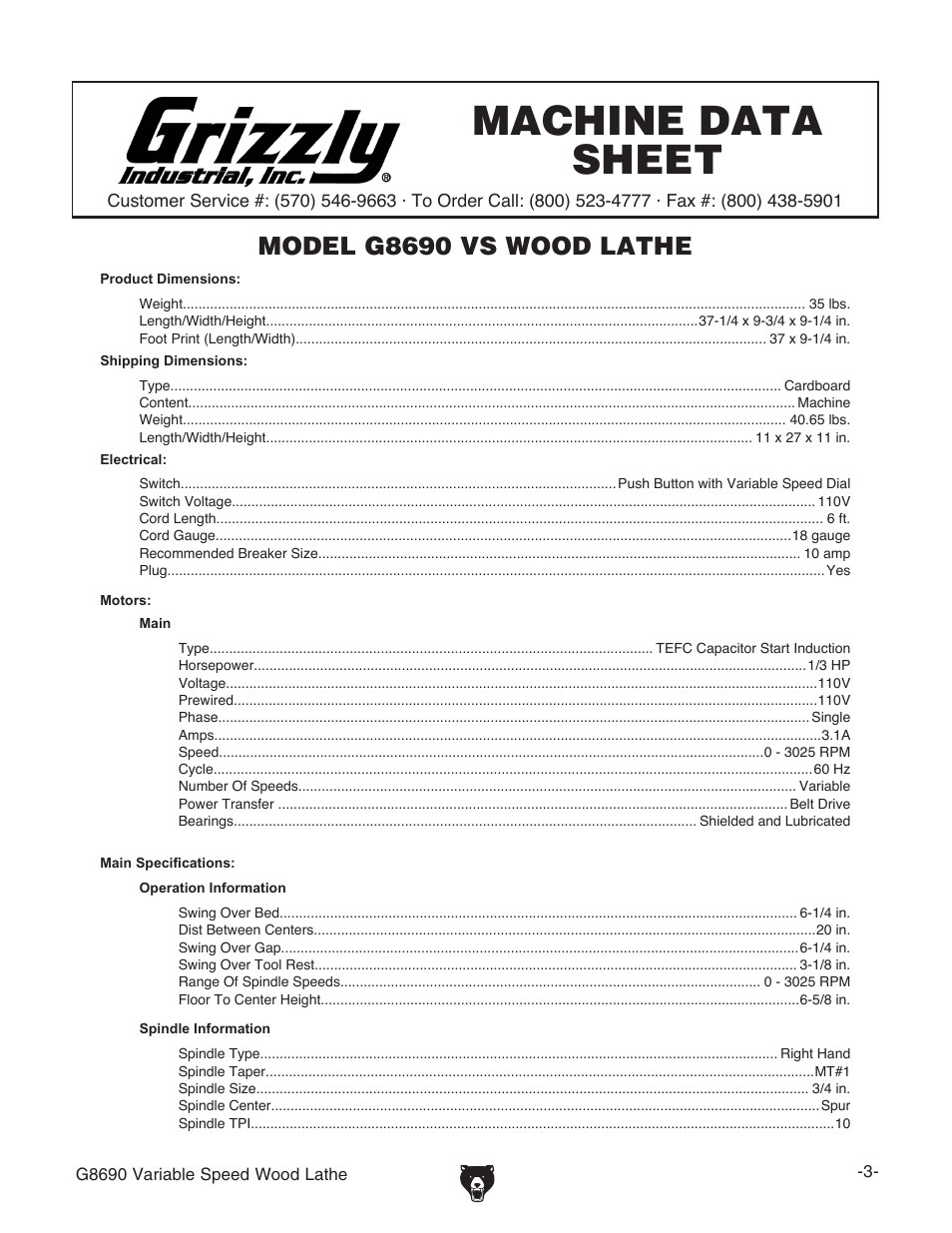 Machine data sheet, Model g8690 vs wood lathe | Grizzly Variable Speed Wood G8690 User Manual | Page 5 / 28