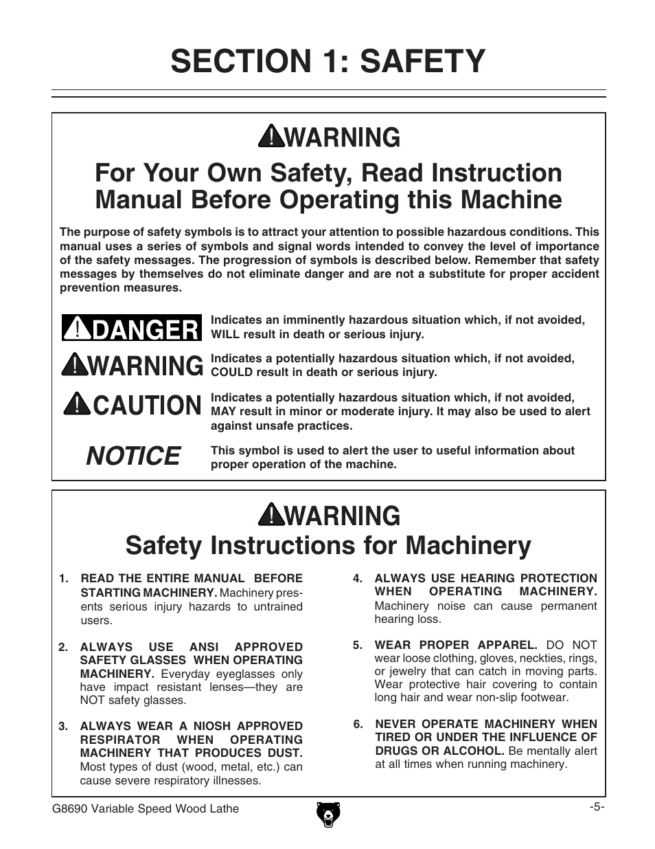 Safety instructions for machinery, Or -anual, 4)#% 3afety | Grizzly Variable Speed Wood G8690 User Manual | Page 7 / 28