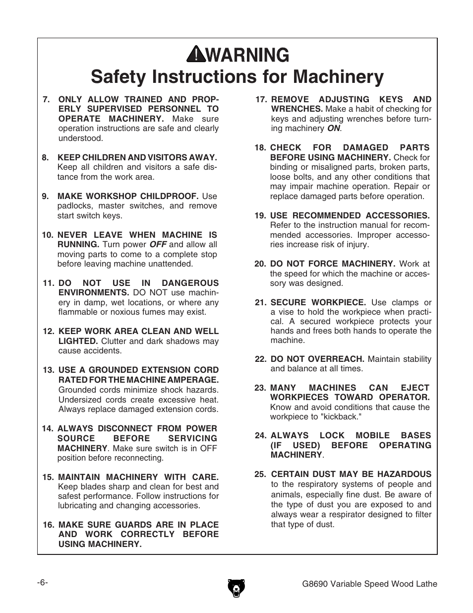 3afety | Grizzly Variable Speed Wood G8690 User Manual | Page 8 / 28