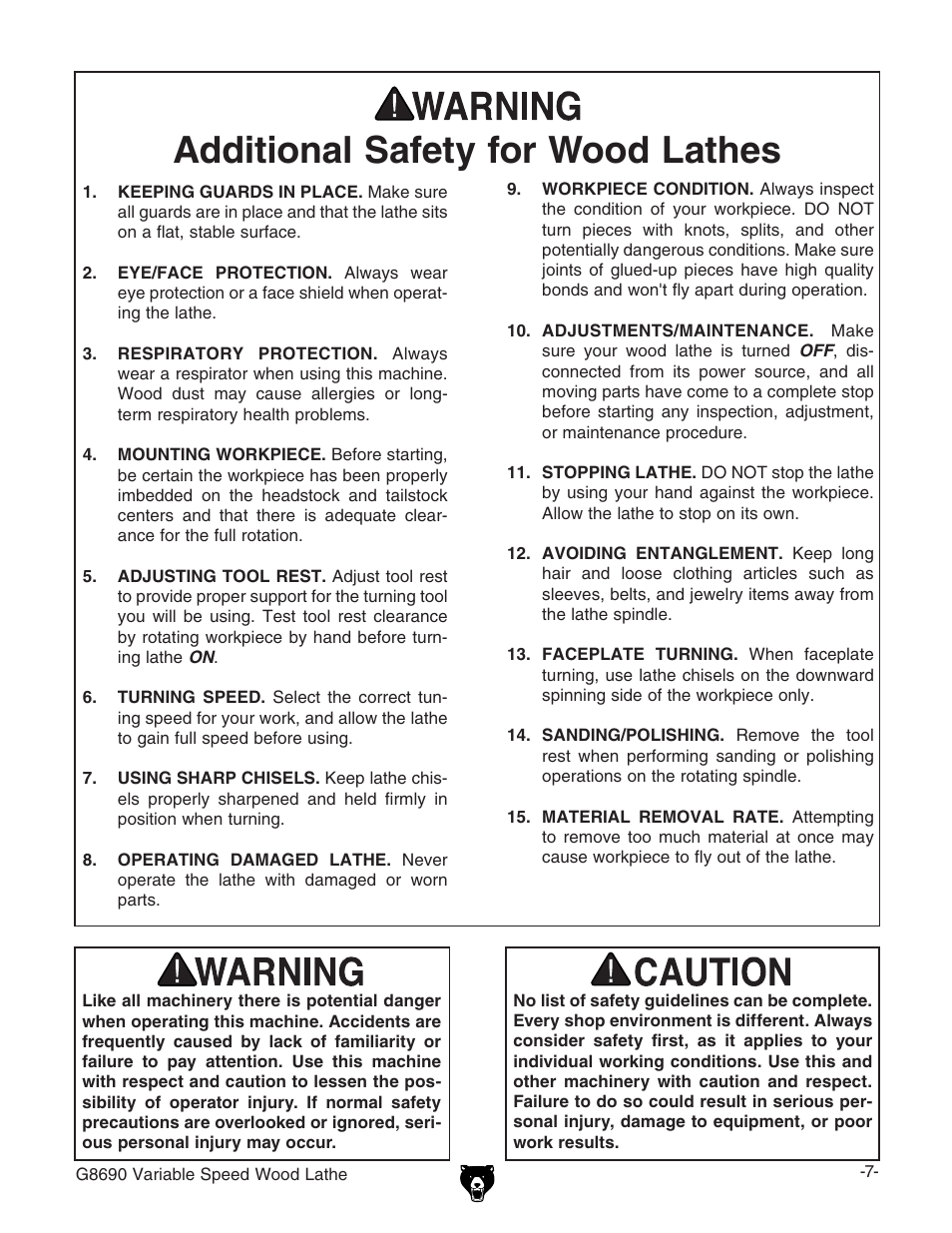 Additional safety for wood lathes | Grizzly Variable Speed Wood G8690 User Manual | Page 9 / 28