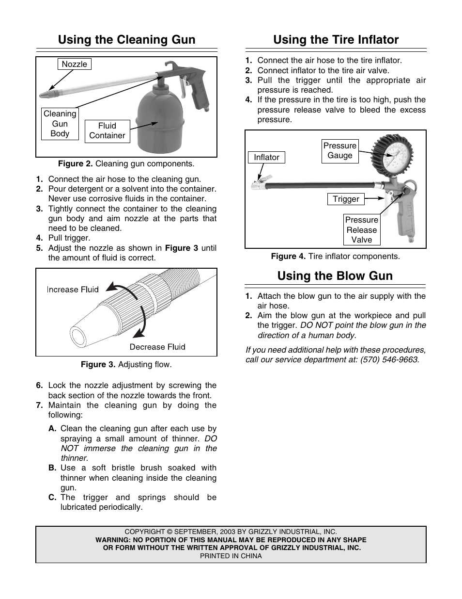 Using the cleaning gun, Using the tire inflator, Using the blow gun | Grizzly H5530 User Manual | Page 2 / 2