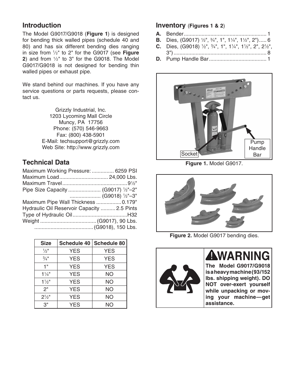 Introduction, Technical data, Inventory | Grizzly G9017/G9018 User Manual | Page 2 / 8