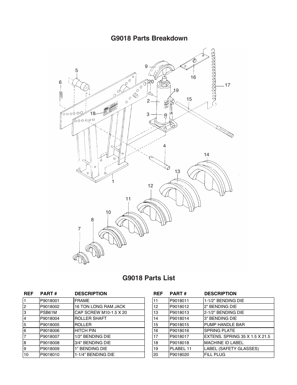 G9018 parts breakdown, G9018 parts list | Grizzly G9017/G9018 User Manual | Page 6 / 8