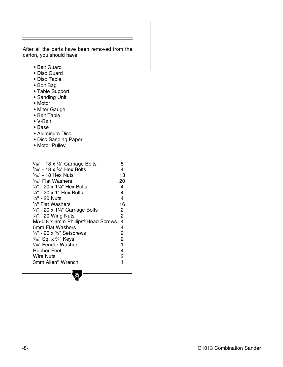 Parts inventory, Notice | Grizzly G1013 User Manual | Page 10 / 32