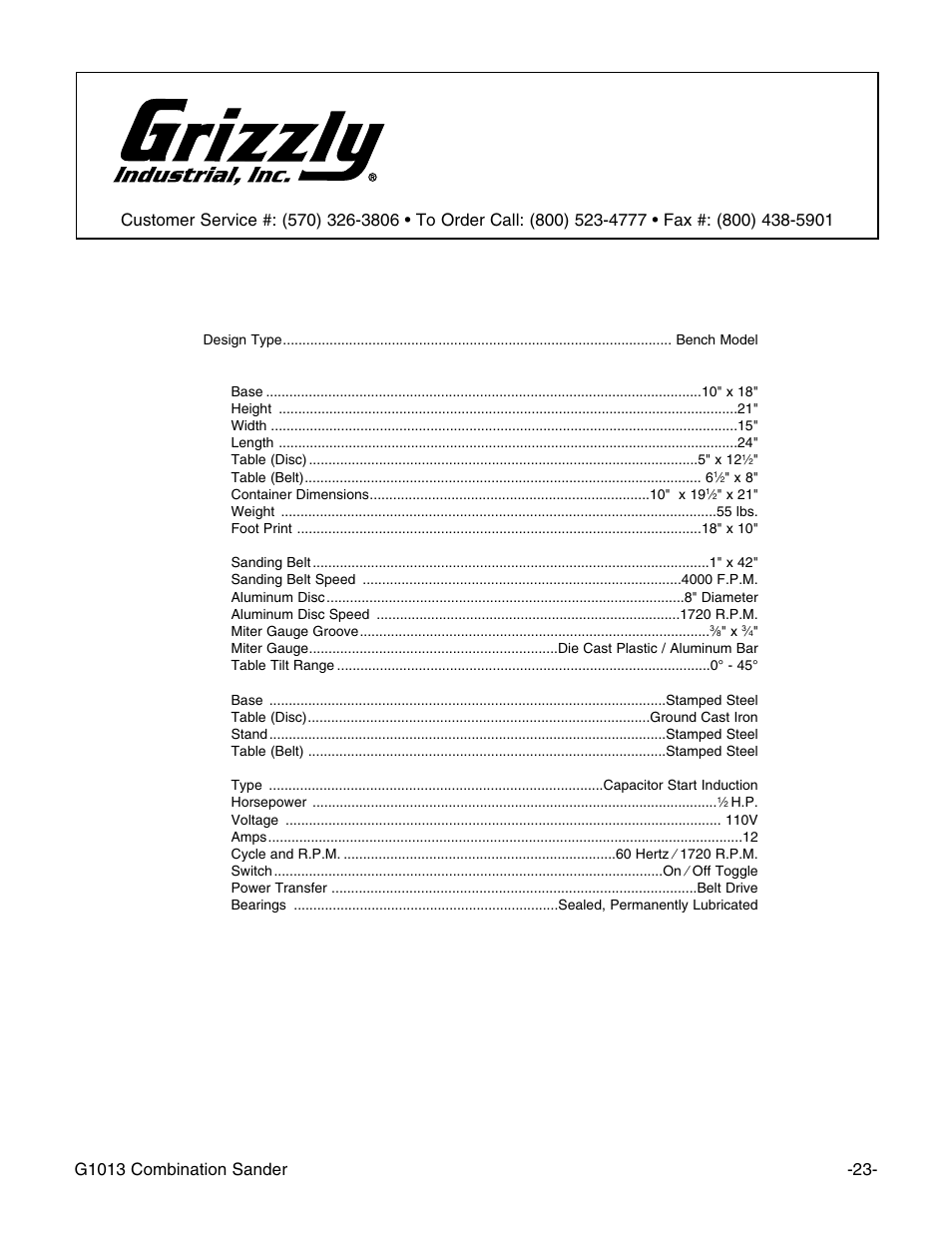 Machine data sheet, Grizzly model g1013 combination sander | Grizzly G1013 User Manual | Page 25 / 32