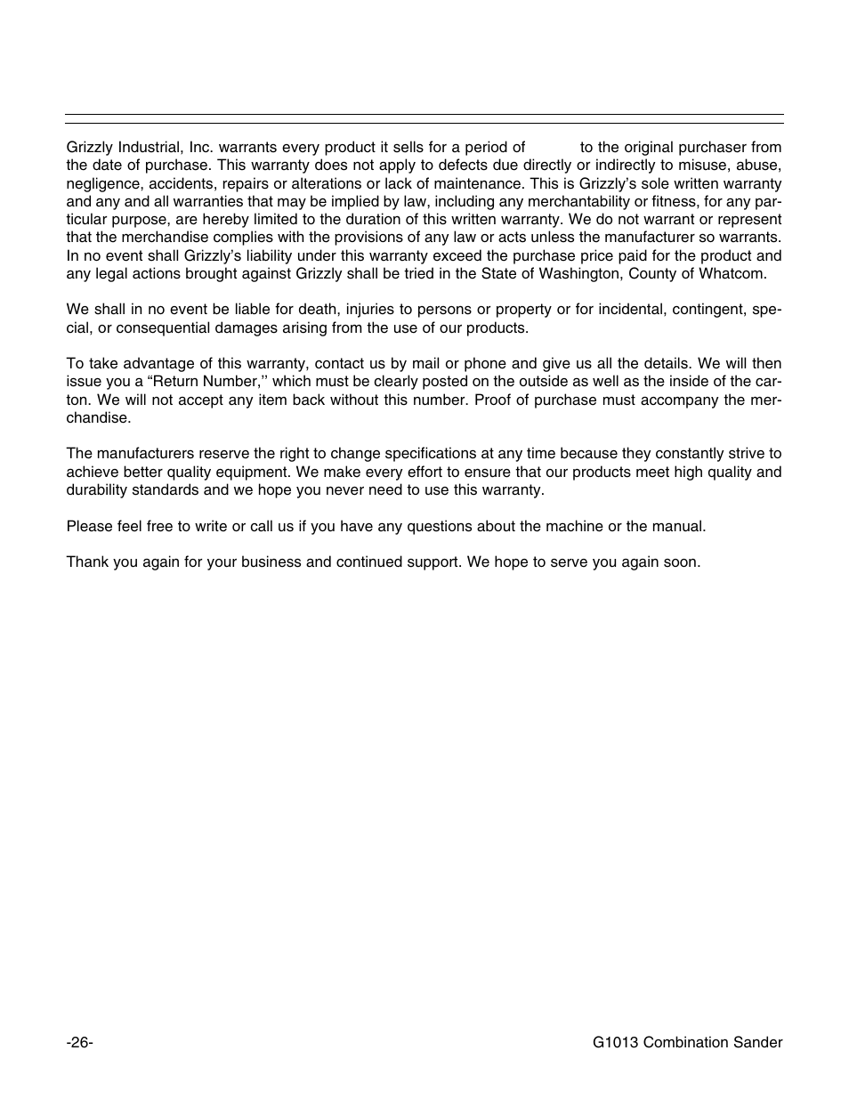Warranty and returns | Grizzly G1013 User Manual | Page 28 / 32