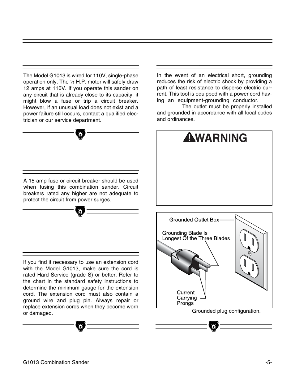 110v operation, Fusing, Extension cords grounding | Grizzly G1013 User Manual | Page 7 / 32