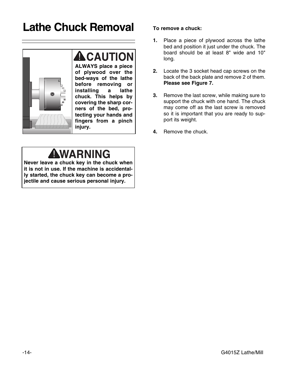 Lathe chuck removal | Grizzly G4015Z User Manual | Page 16 / 62