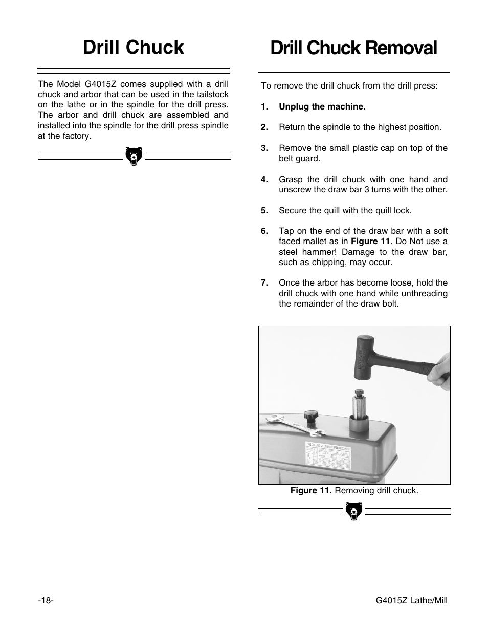 Drill chuck, Drill chuck removal | Grizzly G4015Z User Manual | Page 20 / 62