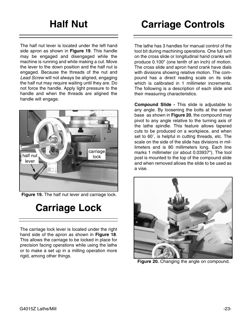 Carriage controls, Half nut, Carriage lock | Grizzly G4015Z User Manual | Page 25 / 62