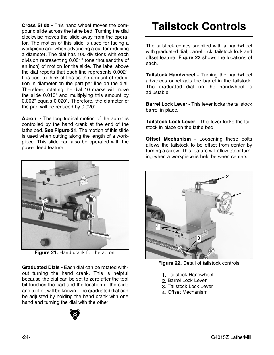 Tailstock controls | Grizzly G4015Z User Manual | Page 26 / 62