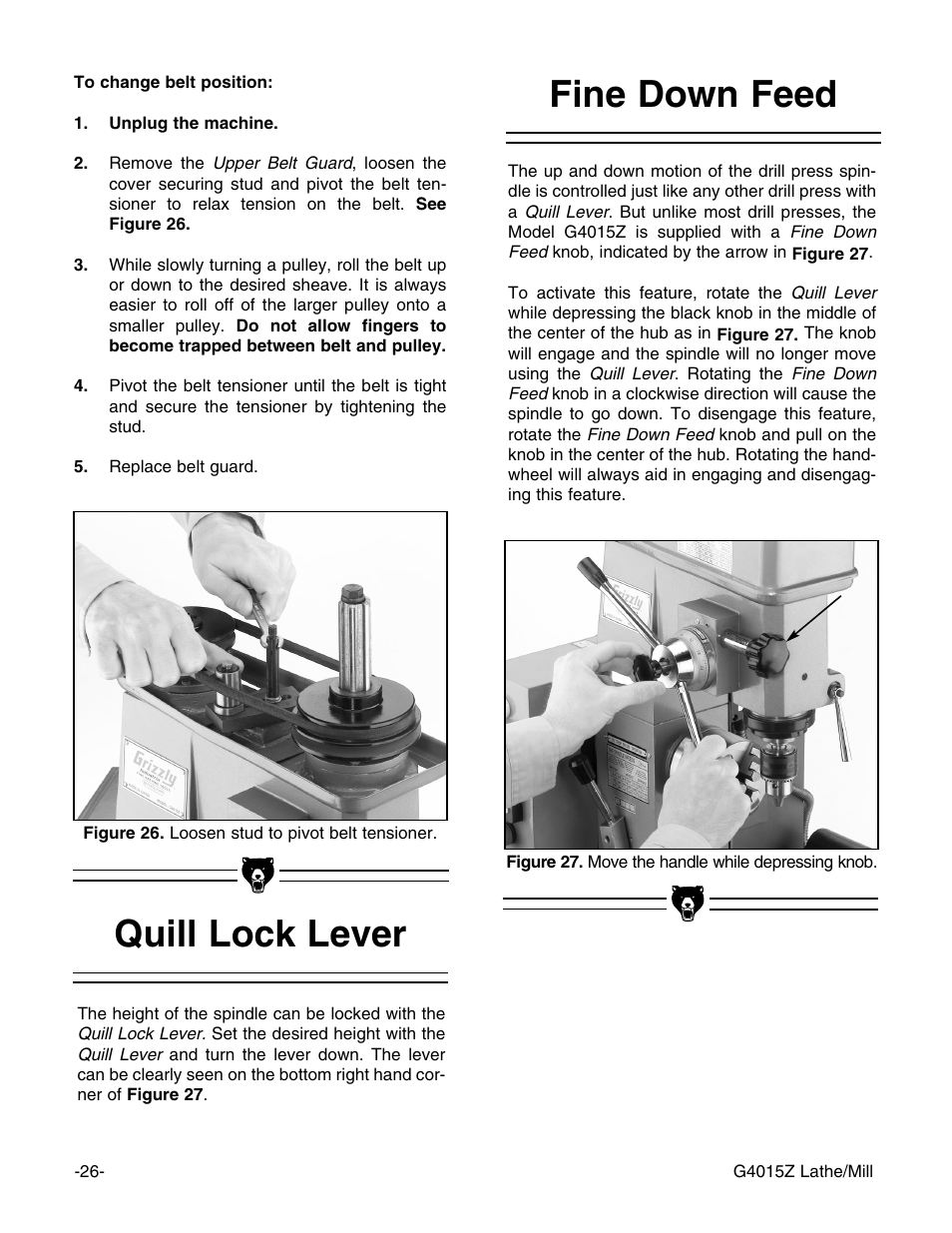 Fine down feed quill lock lever | Grizzly G4015Z User Manual | Page 28 / 62