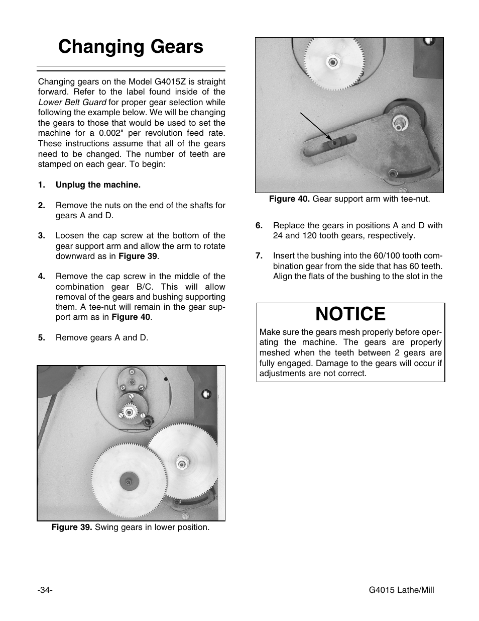 Changing gears, Notice | Grizzly G4015Z User Manual | Page 36 / 62