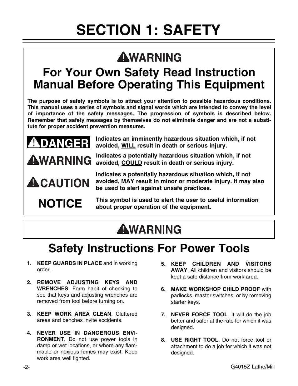 Safety instructions for power tools, Notice | Grizzly G4015Z User Manual | Page 4 / 62