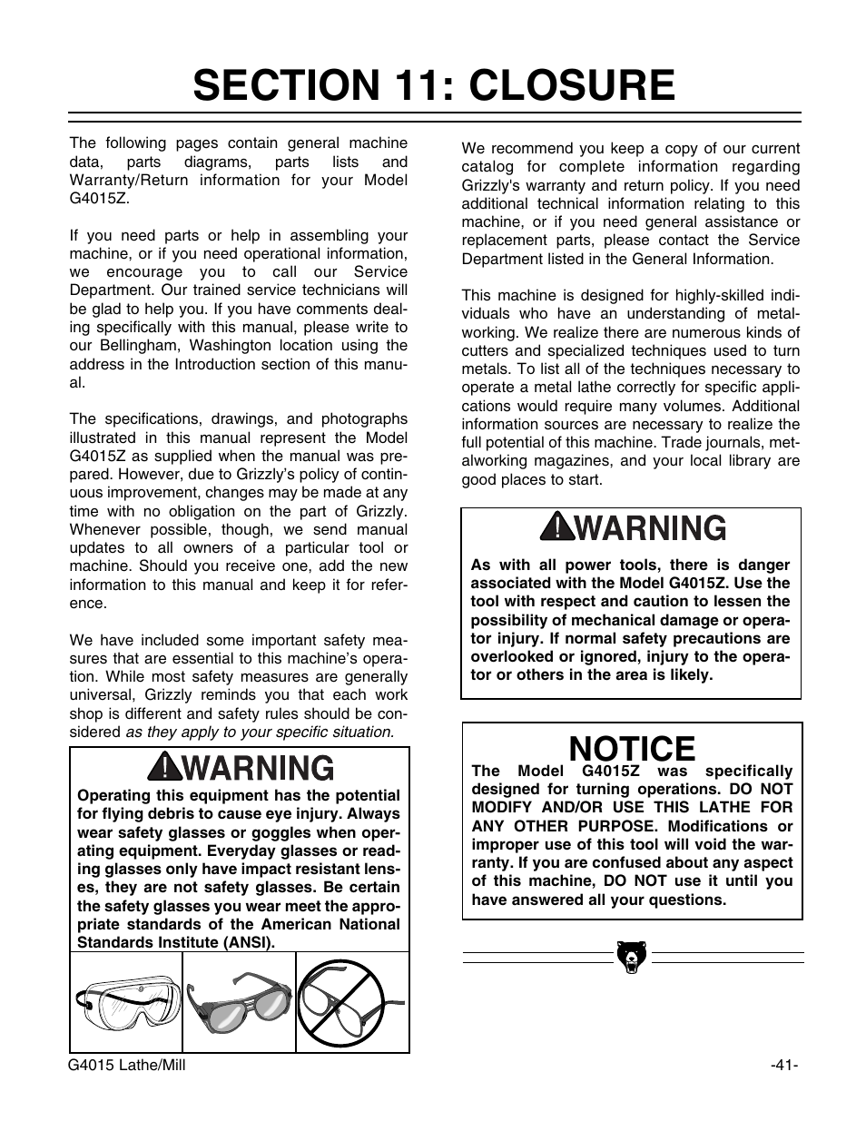 Notice | Grizzly G4015Z User Manual | Page 43 / 62