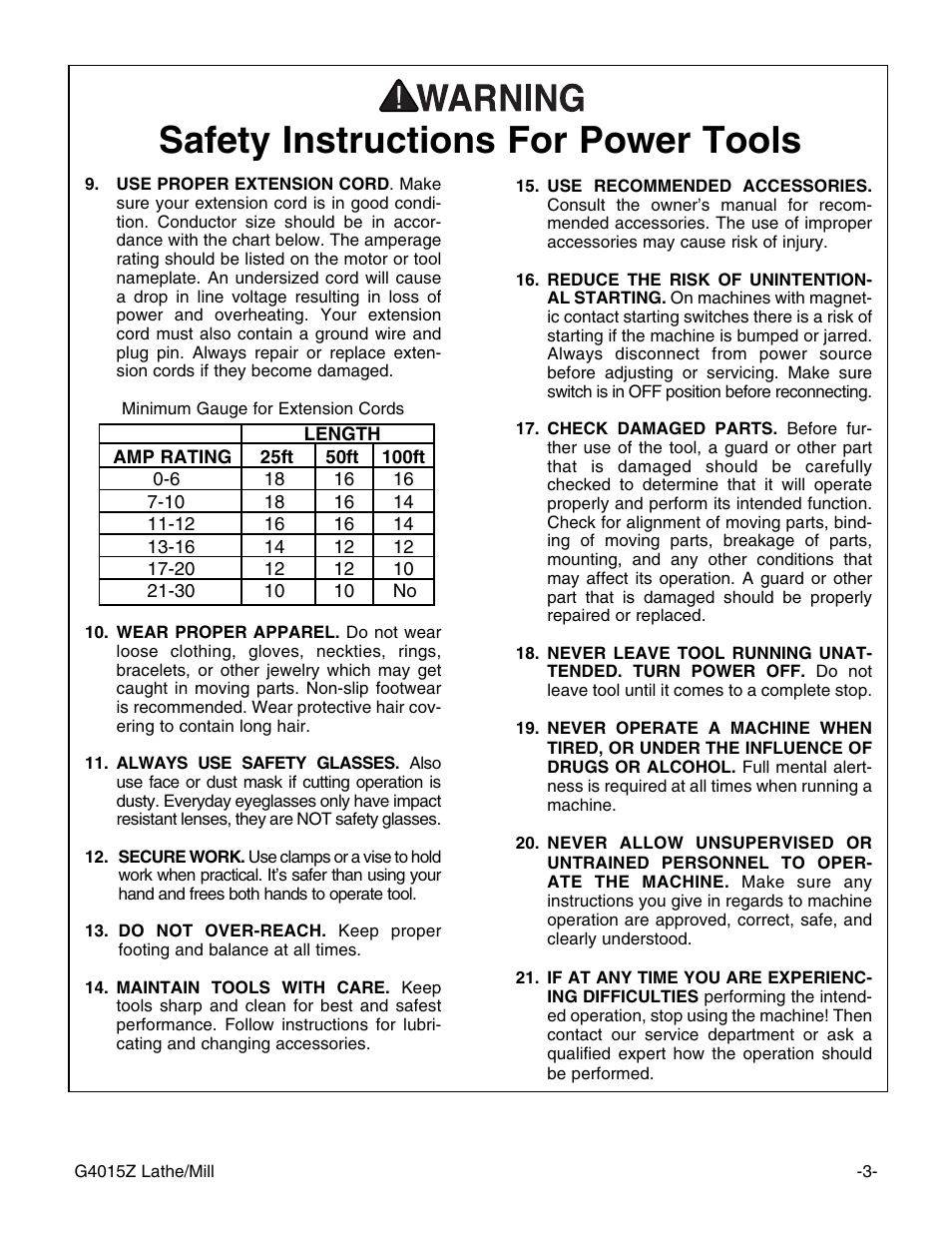 Safety instructions for power tools | Grizzly G4015Z User Manual | Page 5 / 62